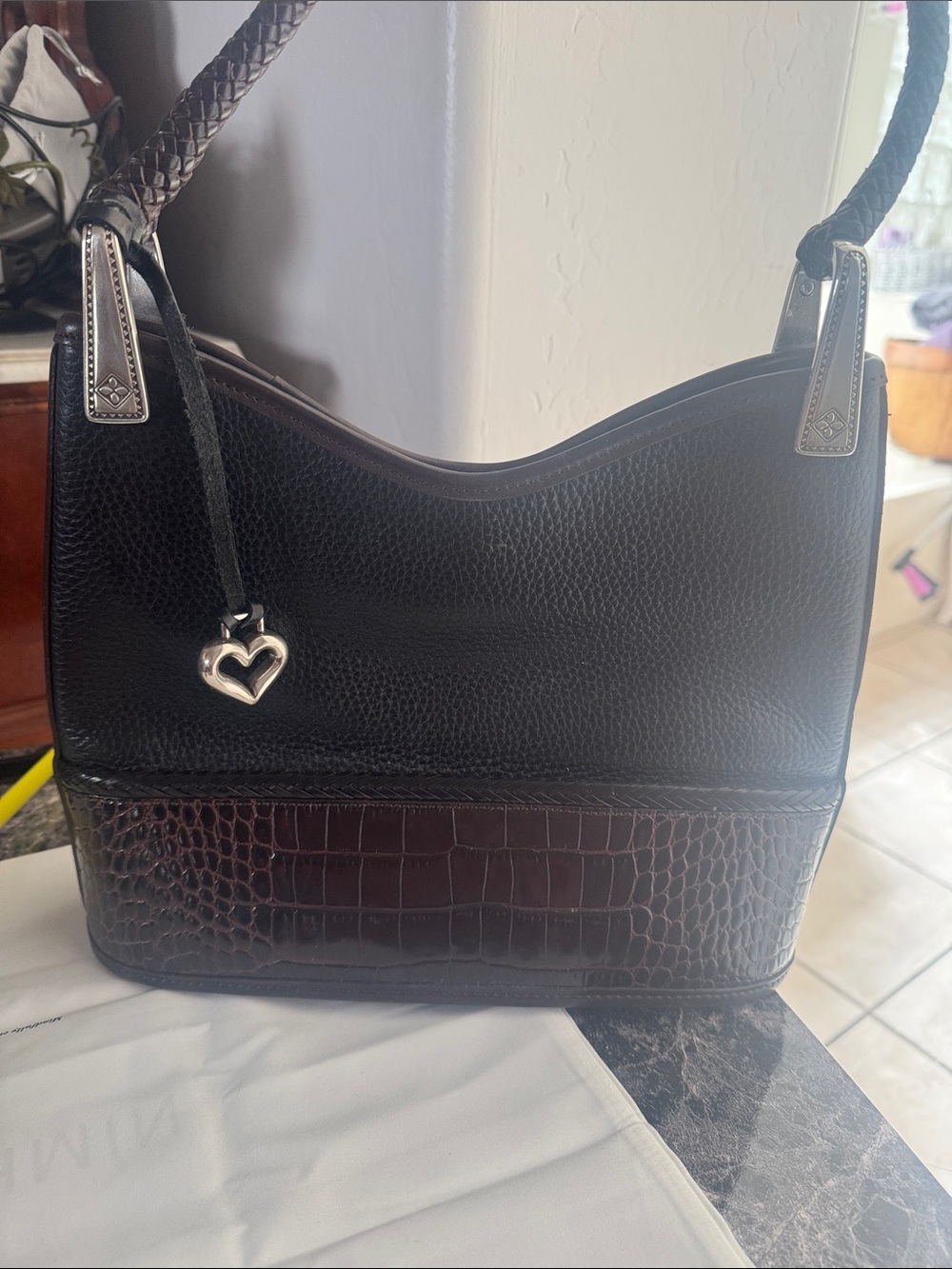 Brighton Black and Dark Brown Textured Leather Shoulder Bag